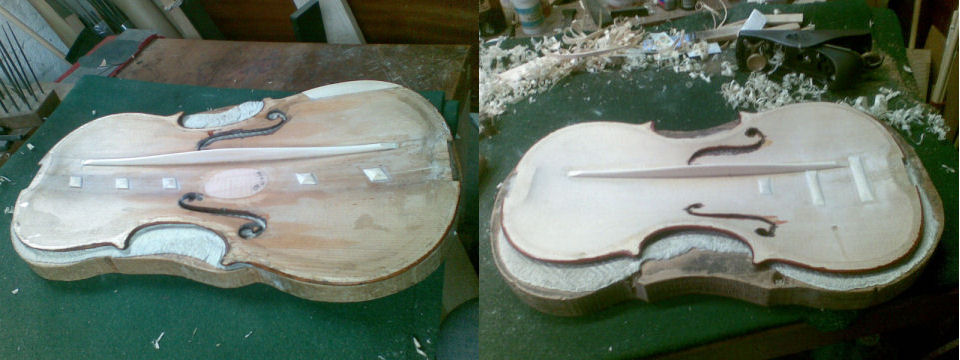 Left:- a violin with new bass bar as well as soundpost patch and studs{br}Right:- a violin with a centre join needing re-enforcing
