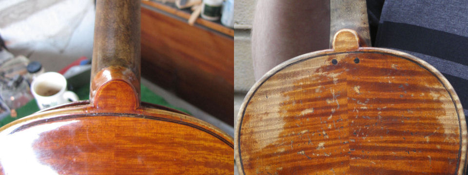 Left:- a completed button graft on a violin{br}Right:- a completed button graft on a viola