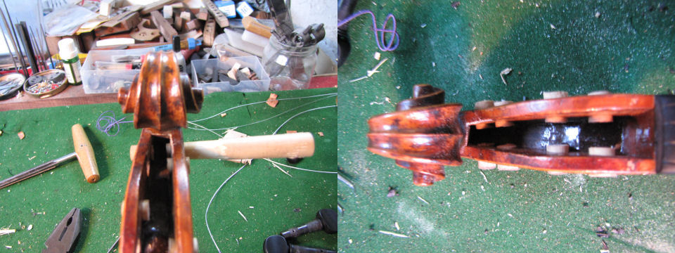 Left:- bushing a violin peg-box mid-progress{br}Right:- all bushes in place but yet to be trimmed