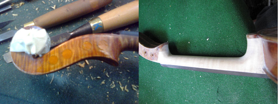 Left:- completed bushes on a violin peg-box{br}Right:- a neck graft near completion