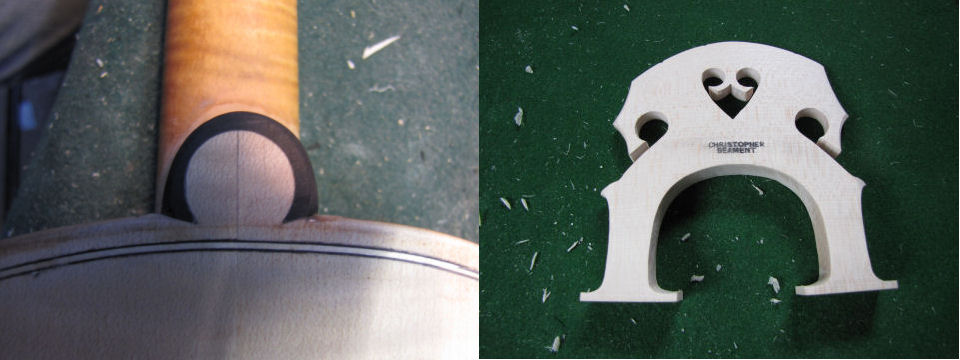 Left:- an ebony crown fitted as part of a major re-construction repair{br}Right:- A custom double bass bridge made to order