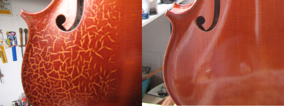 Left:- a viola as it arrived in the workshop{sp}{sp}{sp}{sp}{sp}Right:- the same viola as it left.
