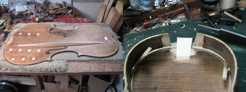 Left:- a cello with three repaired cracks and a new bass bar{br}Right:- A button graft in progress