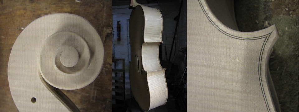 A violincello in the white based on a Stradivarius pattern made by Christopher Beament