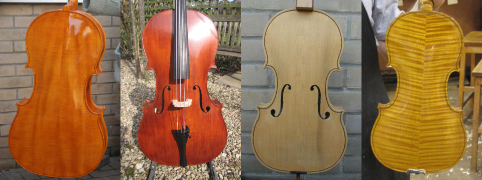The back of one pupil's varnished Stradivarius model violincello; the front of a different pupil's Stradivarius Cello; the front of an unvarnished Gagliano violin; the back of a varnished Guarnerius violin.