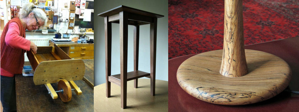 Aside from restoring old furniture, new projects can be undertaken. Here a small wooden wheelbarrow, a table and a lamp stand made of spalted wood can be seen.