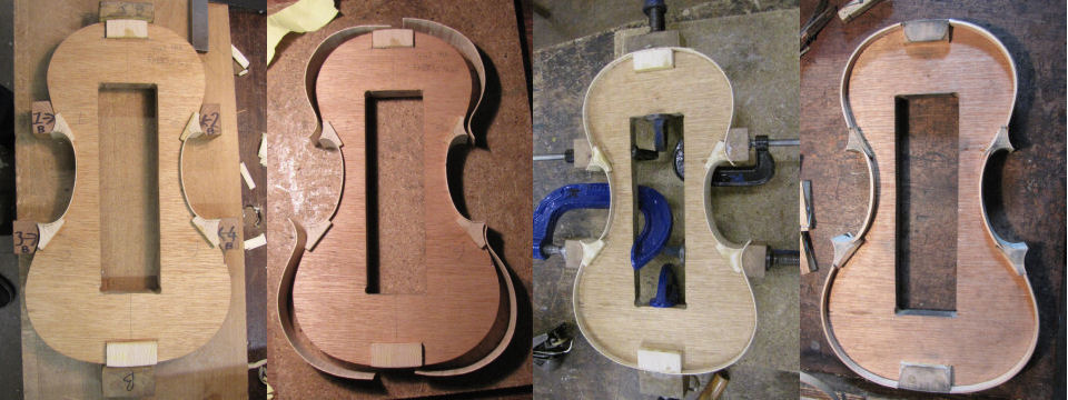 Here are the later four stages as the corners are shaped, the upper and lower ribs are bent, then glued on, and finally trimmed and linings inserted.